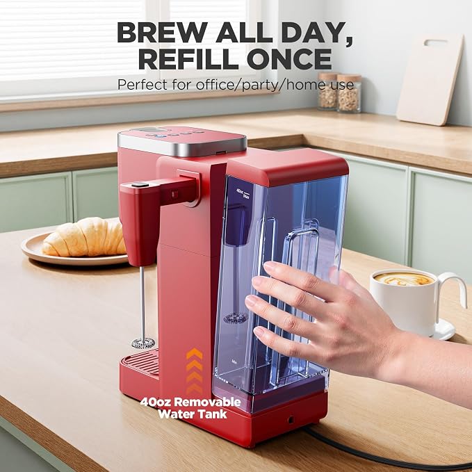 Tastyle Single Serve Coffee Maker with Built-in Detachable Milk Frother | For K Cups & Grounds, 40oz Removable Water Tank, 6 Brew Sizes, 2 Drip Trays, BPA Free, Fits 7.3" Travel Mug, K330MF, Red - Image 6
