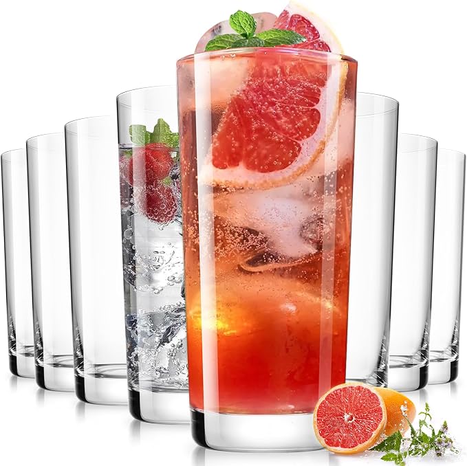 Drinking Water Glass Cups Set,Crystal Highball Glasses cups set of 8,16oz | Wide Mouth Design Tall Glassware for Cocktail Parties, Family Dinners by LUNAMANTHA