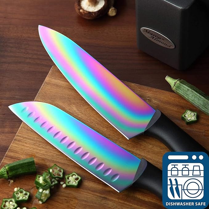 Marco Almond® Knife Block Set,14-Piece Rainbow Color Stainless Steel Knife Sets for Kitchen with block, KYA35 Chef Cooking Knives Set with Acrylic Stand | Rainbow Color Stainless Steel,Knives Set w Acrylic Stand,Razor Sharp,Anti-Rust,Ergonomic Handle,F... - Image 4