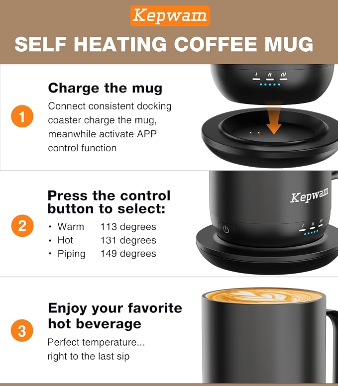 Kepwam Self-Heating Coffee Mug T1, 16oz Rechargeable Heated Coffee Mug, Smart Coffee Warmer Mug with App-Controlled,Advanced Temperature-Controlled Heating Coffee Gifts for Women Men Coffee Lover - Image 3