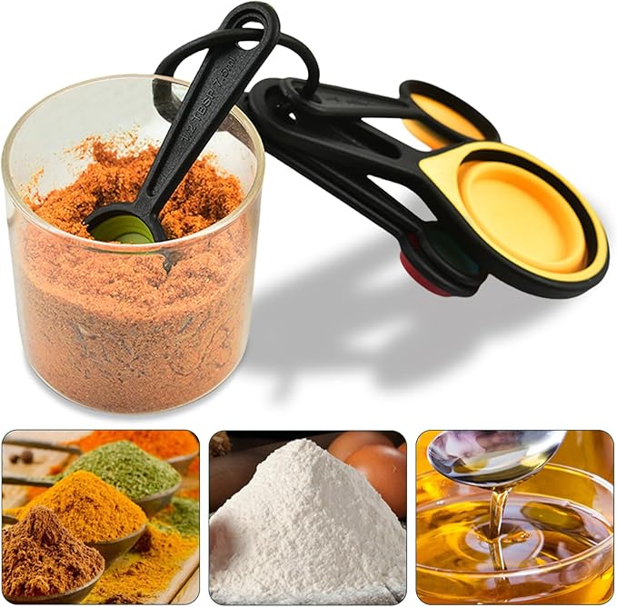 8-Piece Foldable Measuring Spoons/Cups, Space-Saving Collapsible Kitchen Essentials with ml/Cup/TSP Markings, BPA-Free Silicone for Baking, Cooking UK