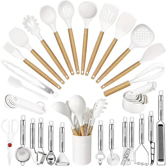 Cooking Utensils Set- 35 PCs Kitchen Utensils with Grater,Tongs, Spoon Spatula &Turner Made of Heat Resistant Food Grade Silicone and Wooden Handles Kitchen Gadgets Tools Set for Cookware by BESTZMWK