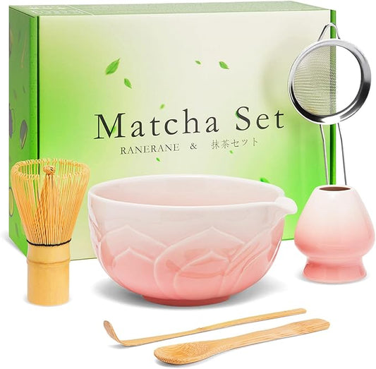 Matcha Whisk Set, Lotus Gradient Pink Ceramic Matcha Set Includes Matcha Bowl, Matcha Whisk (Chasen) and Holder, Sifter, Bamboo Scoop & Spoon - 6 Pcs Matcha Kit for Matcha Lovers