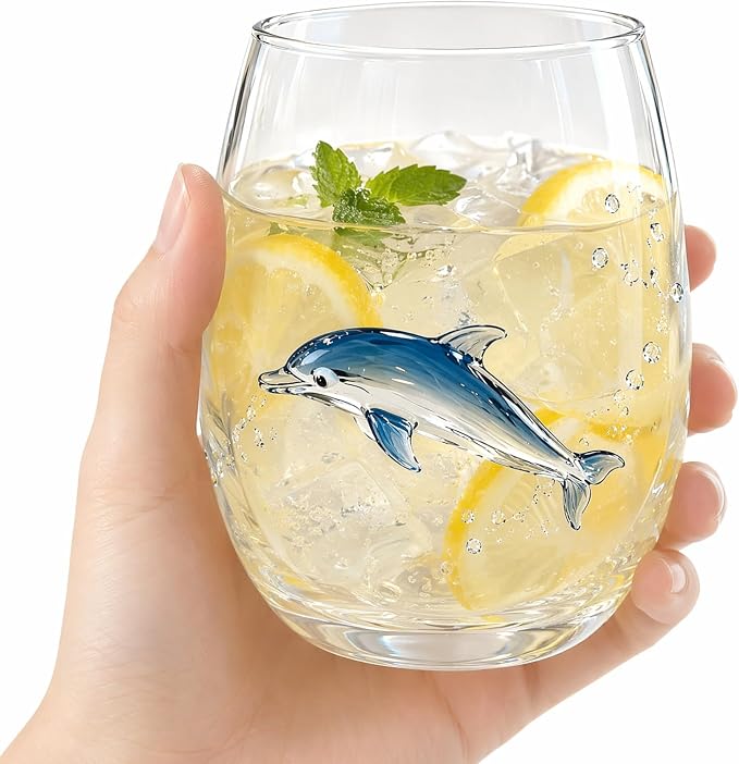 Ocean Themed Dolphin Hand-Blown Coastal Glassware | Ocean Themed Octopus Glassware Hand Blown Coastal Stemless Wine Glasses - Unique Coastal Decor Gift for Ocean Lovers - Image 2
