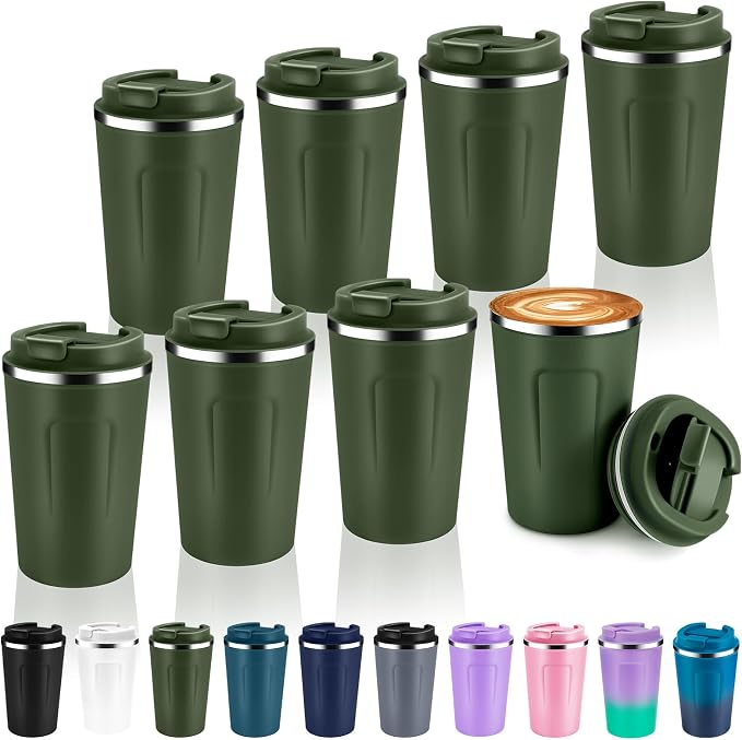Volhoply 12 oz Double Wall Insulated Vacuum Travel Coffee Mug with Flip Lid Bulk 4 Pack,Reusable Stainless Steel Leak Proof Coffee Cup,Portable Thermal Tumbler for Hot & Cold Drinks(Army Green,8 Set) by LiveFully%EF%BC%8CDrinkFreely%E2%80%94KeepGoingwithVolhoply%EF%BC%81
