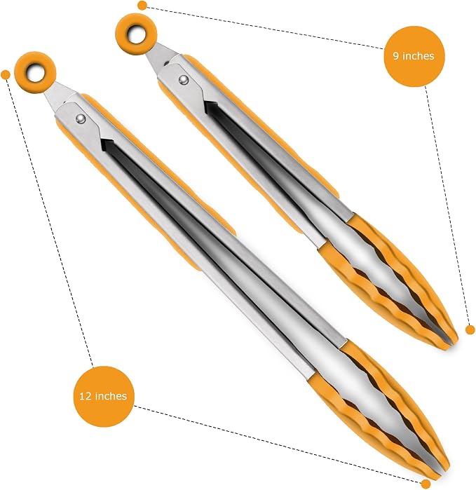 2 Pack Silicone Kitchen Tongs, 9 & 12 Inch, Stainless Steel, Orange - Image 4