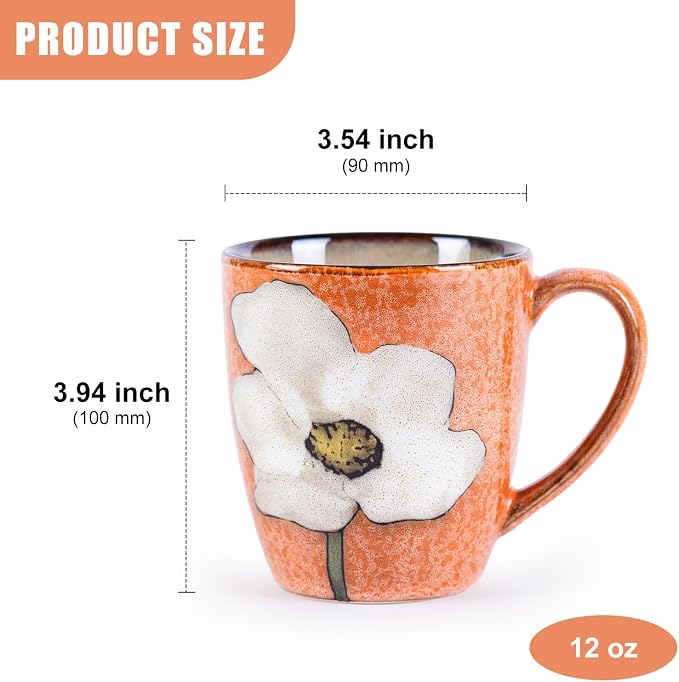 12oz Coffee Mugs Set of 4, Hand-Painted Floral Stoneware Cups with Handle, Dishwasher Microwave Oven Safe, Cappuccino Mugs for Latte, Tea, Espresso & Hot Cocoa, for Home Kitchen & Cafe, Pink - Image 3