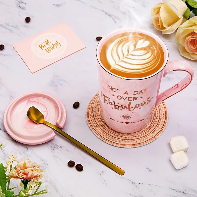 Funny Birthday Gifts for Women - 14Oz Not a Day Over Fabulous Coffee Mug Printed with Gold, Happy Birthday Gift Ideas for Her Bday, Mom, Sister, Best Friends Female, Christmas Ceramic Cup Gift, Pink - Image 4