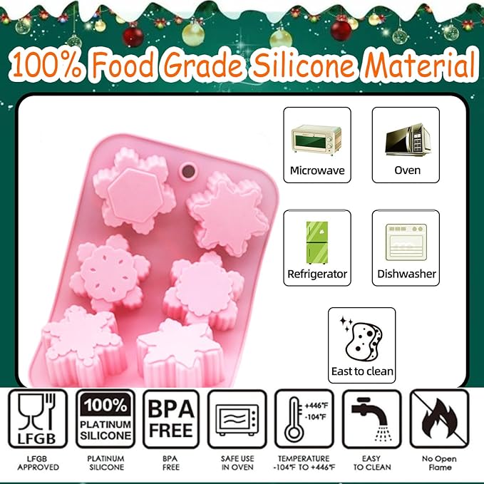 1 Pcs Christmas Silicone Molds,Large Size Snowflake Shape 3D Chocolate Silicone Mold 6-Cavities Candy Moulds for Christmas Day Winter Theme Candy Pudding Jelly Making