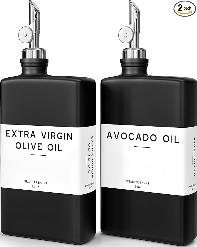 Black Glass Olive Oil Dispenser Bottle for Kitchen by Brighter Barns - Soy Sauce Dispenser, Coffee Syrup Bottle - Kitchen Decor for Restaurant, Airbnb, Coffee Bar Accessories (Black/Silver, Set of 2)