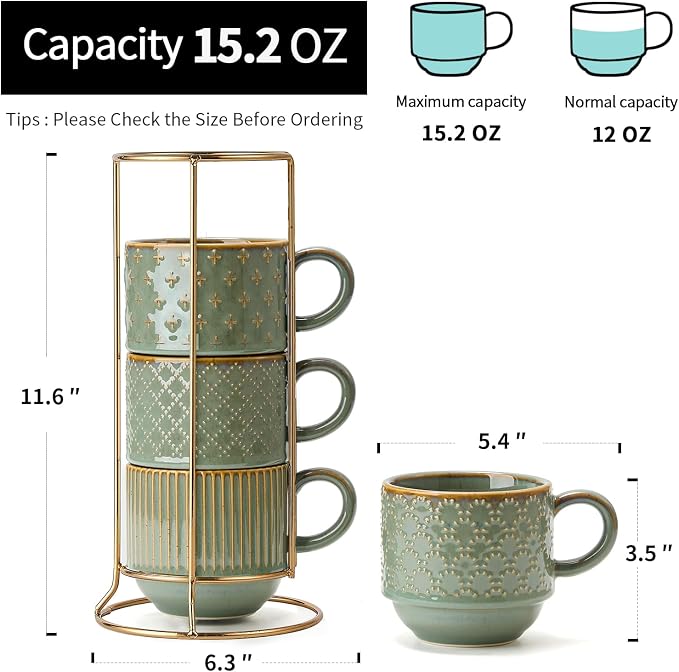 JIEMEI HOME Large Ceramic Coffee Mug Set of 4 with Stand, 15 Oz Stackable Embossment Ribbed Latte Cup Set for Cappuccino, Latte, Tea, Hot Cocoa, Drinks - Dishwasher & Microwave Safe, Vintage Turquoise - Image 2