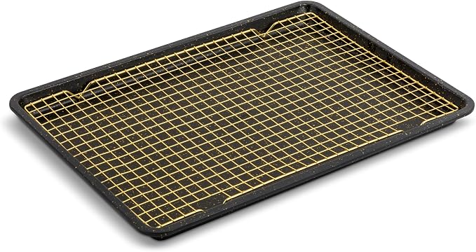 12 x 17 Inch Nonstick Baking Sheet with Wire Cooling Rack Set, Black & Gold Heavy Duty Carbon Steel Bakeware Tray, Oven Safe Easy Clean Pan for Cookies, Pastries & Roasting by Unknown