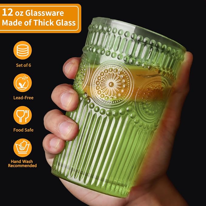 Loivttvv 6pcs Vintage Drinking Glasses Set, 12 oz Green Highball Glasses, Embossed Ribbed Glassware Cups for Cocktail, Water, Juice, Coffee, Whiskey - Image 2