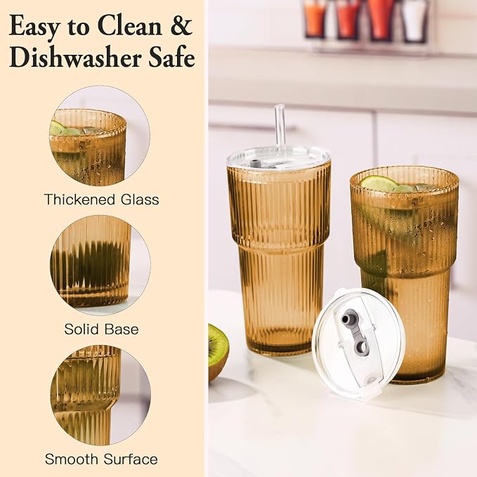 Amber Drinking Glasses，4PCS Amber Ribbed Glass Cups with Lids and Straws, 20oz Vintage Drinking Glasses, Aesthetic Iced Coffee Cups, Brown Yellow Glass Cup - Image 5