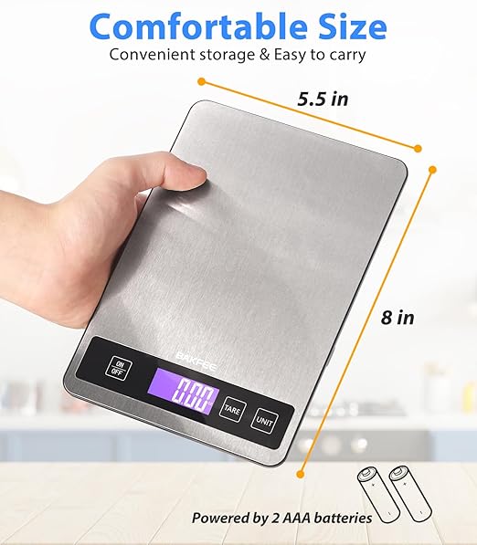 Food Scale for Kitchen, 15 kg/33 lb, Splash-Resistant Stainless Steel, Full-View LCD Display, Easy to Clean, 6 Units, Tare Function, Precise for Baking, Cooking & Meal Prep