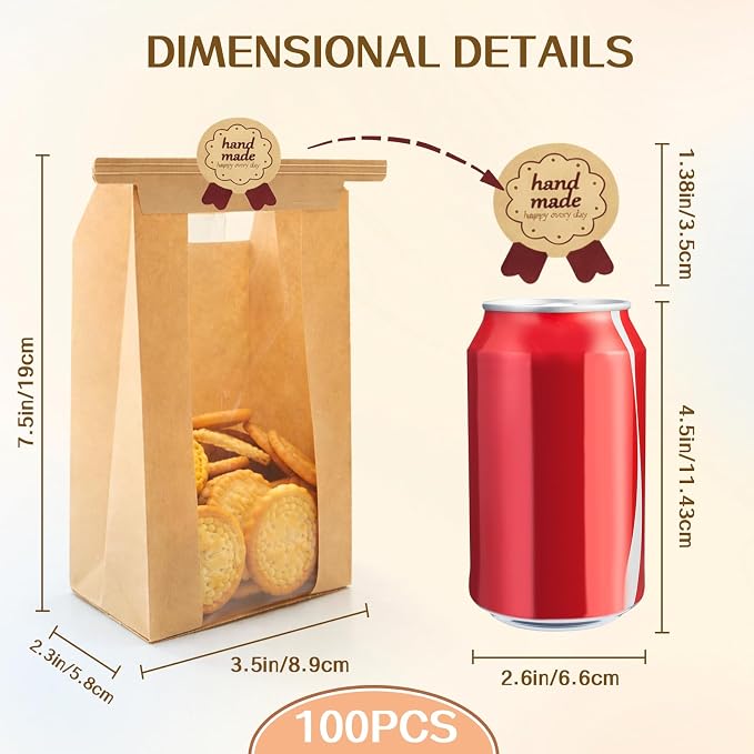 WIKDAY Paper Cookie Bags with Window 100PCS Small Treat Bread Bakery Bags | Tin Tie Tab Lock, with Thank You Seal Stickers, 3.5x2.3x7.5in, for Baked Food Packaging Storage Gift Giving Cottage Business - Image 2