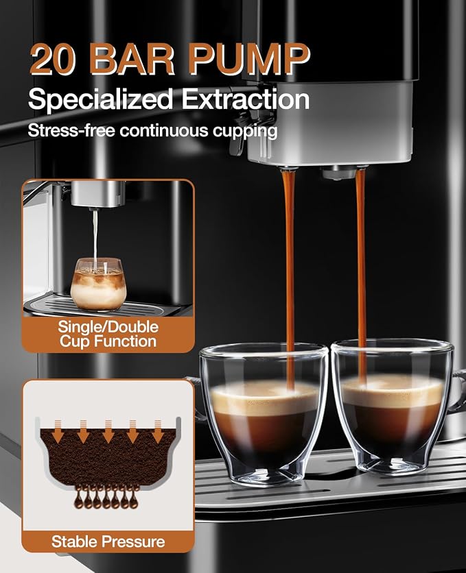 Jojoka 20 Bar Fully Automatic Coffee Machine with Grinder & Frother | Touchscreen control, 15 adjustable grind settings, dual boiler, 1.5L removable water tank, automatic milk frother - Image 3