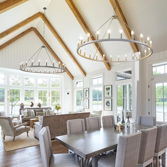 WJShome 24-Light Silver Wagon Wheel Chandelier Farmhouse, 54" Extra Large Chandeliers for High Ceilings, Rustic Round Chandeliers for Dinning Room, Kitchen Island, Entryway, Foyer, Living Room,Bedroom - Image 5