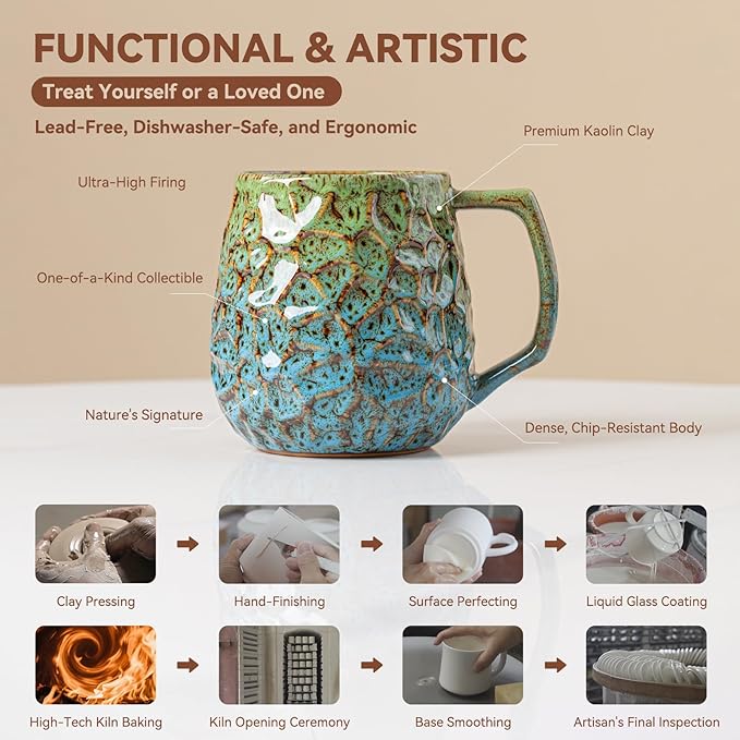 18oz Unique Kiln-Change Ceramic Coffee Mug, Handcrafted Hammered Texture Ceramic Mug with Ergonomic Handle, Microwave & Dishwasher Safe, Gift for Coffee Lovers, Home Office Daily Use (Green & Blue) - Image 3