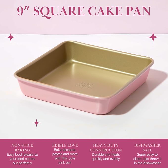Paris Hilton Nonstick Carbon Steel Bakeware Collection, 9-Inch Square Cake Pan, Dishwasher Safe, Made without PFOA and PFAS, Pink Champagne Two-Tone - Image 2