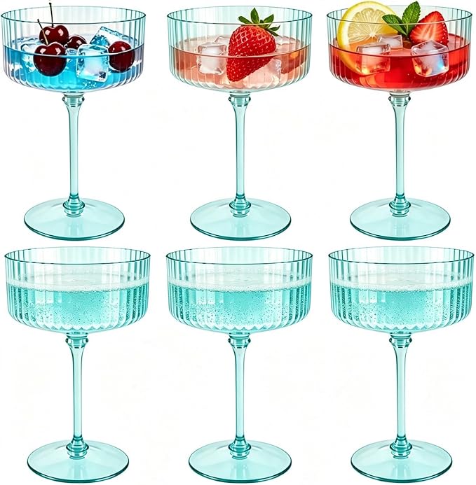 PLULON 6 Pcs Green Coupe Martini Glasses Cocktail Champagne Cup 10 Oz | Ribbed Plastic Martini Espresso Glasses for Bar Drinking Gifts Wedding Birthday Party, Detachable Margarita Cup Glassware by PLULON