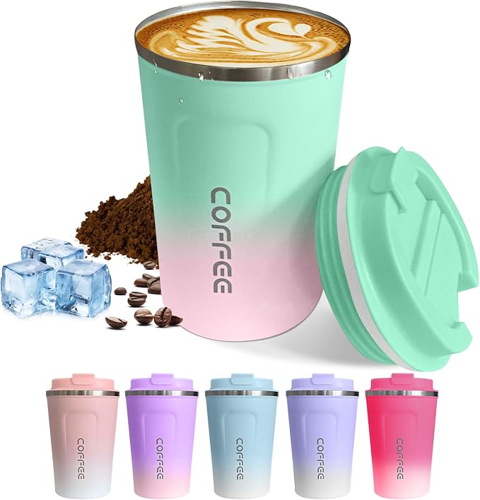 SPLMIFA Travel Coffee Mug Leak-Proof, Reusable Coffee Cups with Lids, Stainless Steel Vacuum Insulated Coffee Tumblers, Thermal Insulation Cup for Men and Women Hot & Cold Drinks(2nd-Green Pink, 17OZ) by SPLMIFA