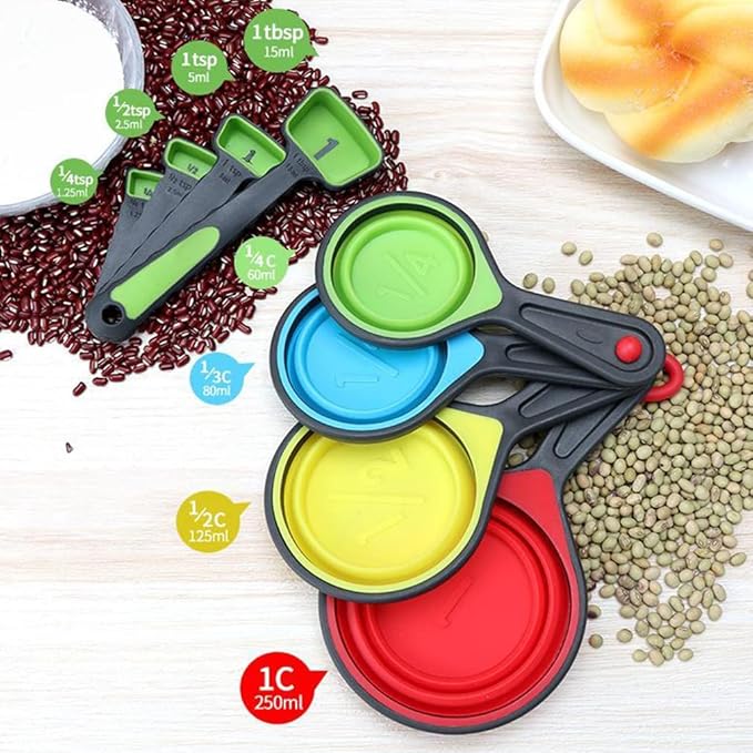 Collapsible Measuring Cups and Spoons Set,Markings for Liquid & Dry Measuring-Silicone Whisk,silicone spatula,Silicone funnel,Oil Brush,Food Grade Silicone Cooking Kitchen Utensils(13 Piece Set)