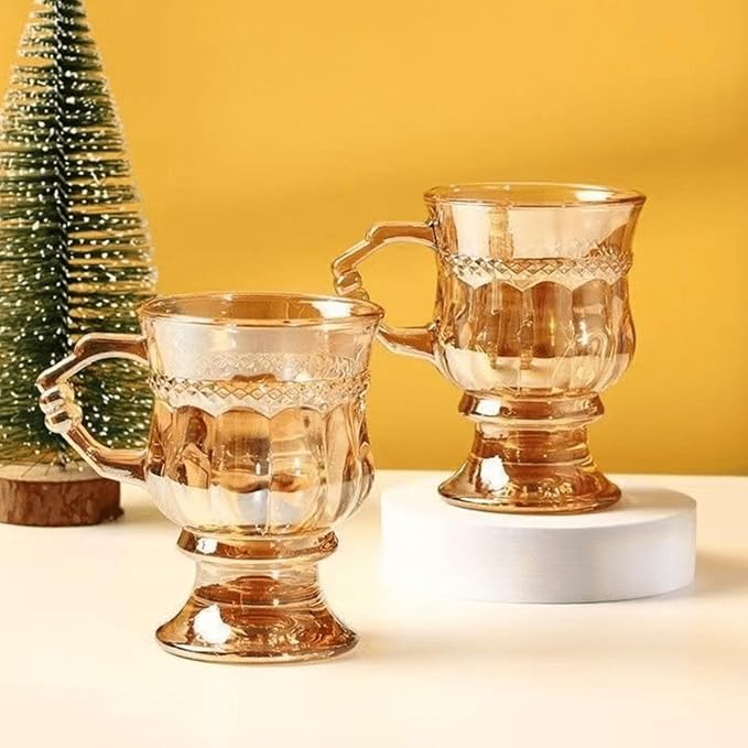 4pcs Vintage Irish Coffee Mugs, Crystal Clear Irish Coffee Glass with Handle, Footed Stem Base, Heat Resistant, Heavy Duty Cups for Hot Chocolate, Tea, Coffee, Beige