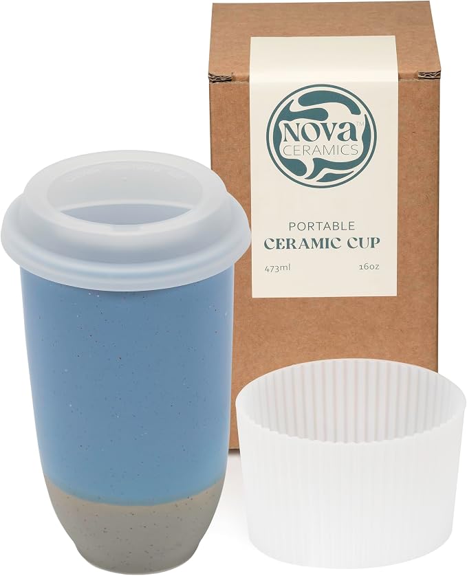 NOVA CERAMICS Travel Mug - Ceramic Coffee Mug With Lid – Microwave & Dishwasher Safe Coffee White & Grey Tumbler - Fits In Cup Holder – 16oz – Coastal Drift by NovaCeramics
