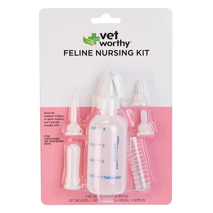 Vet Worthy 6-Piece Kitten Bottle Feeding Kit - Includes 1 Graduated Cat Nursing Feeder (2 Ounce), 5 Soft Nipples, and a Cleaning Brush - Reusable, Easy-to-Clean Newborn Kitten Feeding Bottle