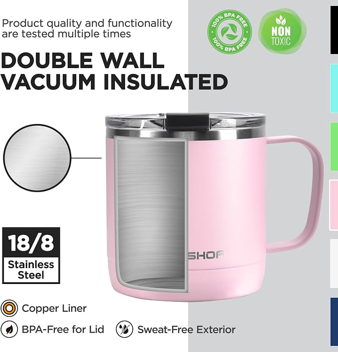 HAUSHOF 14 oz Coffee Mug, Insulated Coffee Mug with Handle, Travel Camping Cup, Portable Stainless Steel Coffee Cup, Insulated Coffee Cups with Lid, Pink - Image 3