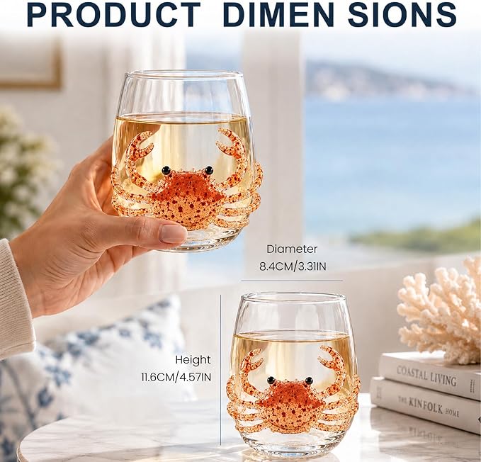 Coastal Stemless Wine Glasses Set of 4, 12oz 3D Ocean Animal Artisan Glassware Collection with Unique Sea Life Designs (E - Set of 1) - Image 3