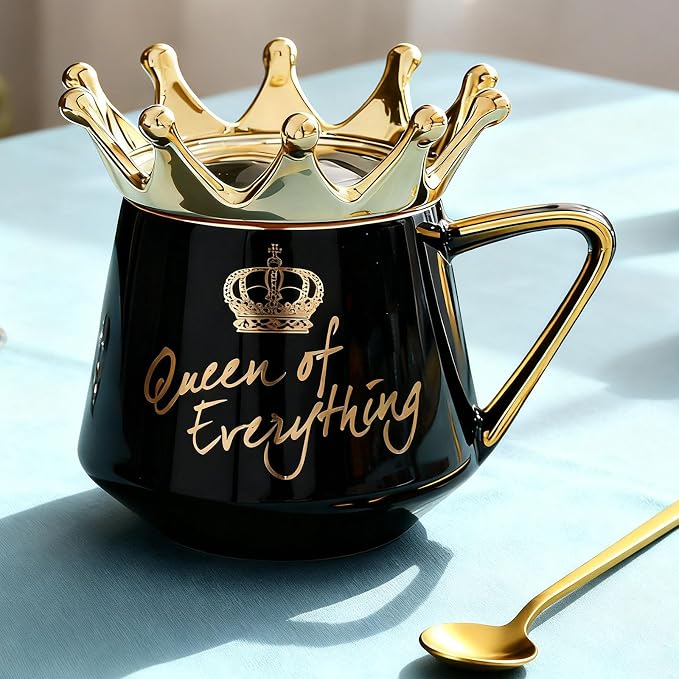 Arawat Queen of Everything Mug with Lid Sweet Black Mug with Crown Coffee 12 oz Mug Gift with Spoon & Coaster Ceramic Tea Mug Birthday Gift for Women Mom Girlfriend Valentine's Day Gifts for Women Man - Image 2
