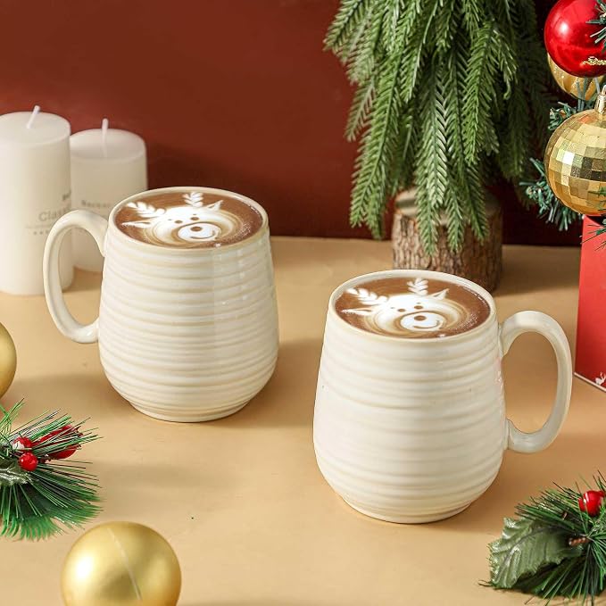 HASENSE Coffee Mugs Set of 2, 20 oz Ceramic Coffee Cups for Men and Women, Premium Large Tea Cups Gift Box with Coaster & Gold Spoon, Couple Mugs for Wedding Gift, Clay-Infused White - Image 4