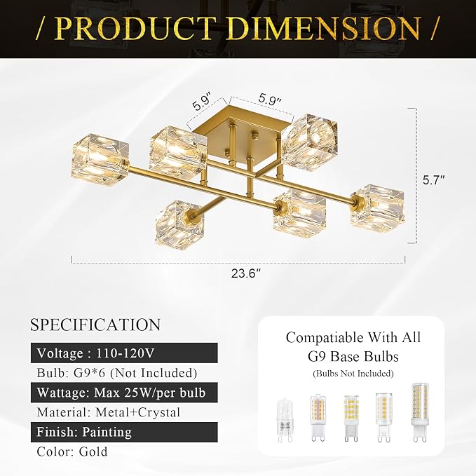 24" Gold 6-Light Luxury Semi Flush Mount Ceiling Light Modern K9 Crystal Kitchen Island Sputnik Chandelier for Dining Room Entryway Bedroom Living Room - Image 3