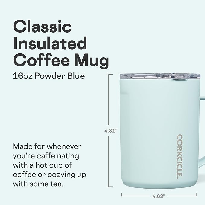 Corkcicle Classic Coffee Mug - Triple Insulated Stainless Steel for Travel - Shatter-Proof Lid - Keeps Drink Hot Over 3 Hours - Holiday Mug Gift - Great for Gifting Warmth - 16 oz - Powder Blue - Image 2