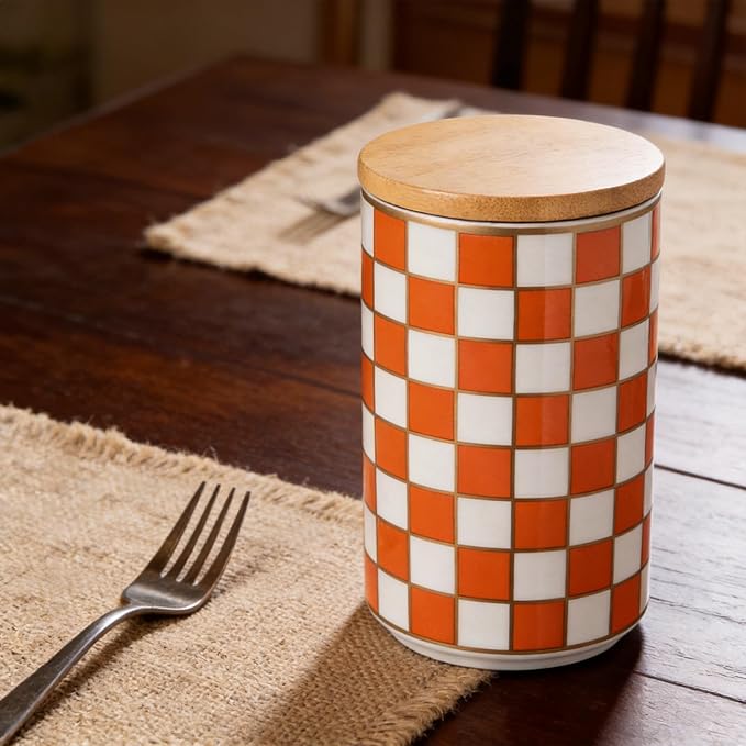 Kitchen Countertop Ceramic Checkered Canisters,Black And White Food Storage Containers With Lid,Airtight Kitchen Canisters for Flour, Sugar, Coffee, Tea, and Dry Goods (Orange, Large) - Image 2