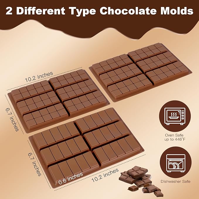 Chocolate Molds 3P, Food Grade Chocolate Molds Silicone, Non-Stick Deep Large Chocolate Bar Mold for Dubai Pistachio, Candy, Snacks and Desserts