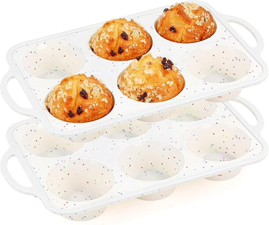 2 Pcs Jumbo Muffin Pan with Metal Frame Nonstick 6 Cup Extra Large Silicone Cupcake Pan for Baking, Deep Jumbo Muffin Tray for Egg Bites Muffins, Confetti Color Cream Gifts for Mom Home Baker by AOTASO