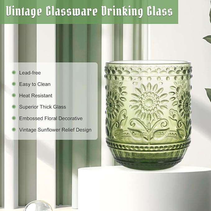 Topsky Vintage Drinking Glass Set of 4,12 oz Embossed Floral Drinkware Set,Green Drinking Glasses Cups Wine Glasses Colored Glassware for Whisky,Beer,Juice,Cocktail,Heavy Duty - Image 5