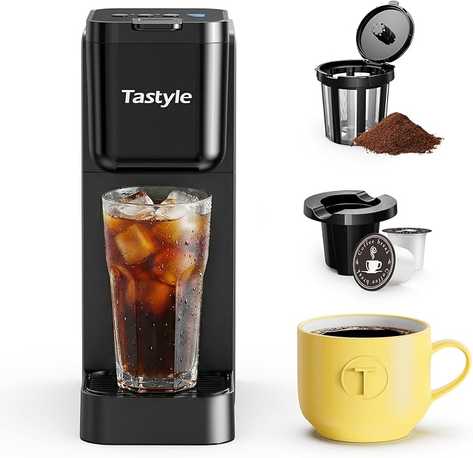 Tastyle Single Serve Coffee Maker Hot and Iced with Bold Brew, Up to 16 Oz | for K Cup and Ground, Fits 7.3'' Travel Mug, 5 Cup Sizes, Compact for Office, RV& Hotel, K320, 3.0 Version, Black by Tastyle