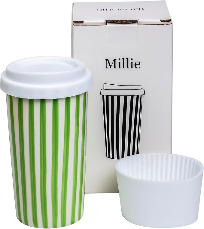 Ceramic Travel Mug with Lid (12 oz) – Aesthetic Coffee Cup, Minimalist Reusable Coffee Mug for Women & Men, Microwave & Dishwasher Safe, Fits Car Cup Holder (Green) by Giroflier