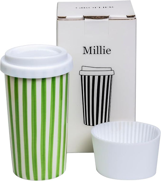 Ceramic Travel Mug with Lid (12 oz) – Aesthetic Coffee Cup, Minimalist Reusable Coffee Mug for Women & Men, Microwave & Dishwasher Safe, Fits Car Cup Holder (Green) by Giroflier