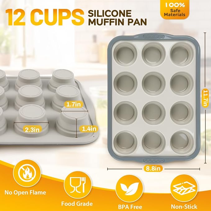 Silicone Muffin Pan, 12 Cups Non-Stick Cupcake Pan, Food-Grade BPA-Free Muffin Tin, Oven-Safe 450 °F, Reinforced Steel Frame, Easy-Grab Handles, Quick-Release 2.3" Baking Molds for Mini Treats - Image 2