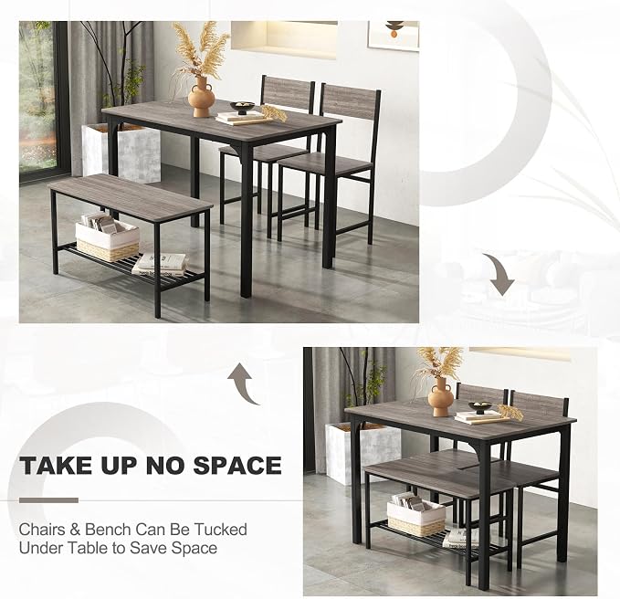Giantex Dining Table Set for 4, Kitchen Table with Bench and Chairs, Industrial Gathering Bench Dining Set W/Metal Frame & Storage Rack, Dinette Set, Modern Functional Desk Set (Grey) - Image 3