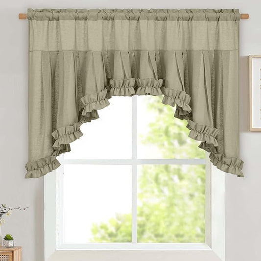 Likiyol Linen Valances for Windows Farmhouse Ruffle Swag Valance Rustic Country Window Valances Light Filtering Kitchen Curtains Rod Pocket Valance Curtains for Bathroom Cafe, Grey Brown, 60"W x 36"L by Likiyol