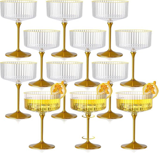 12 PCS Ribbed Coupe Glasses with Gold Stem Clear Plastic Champagne Coupe Cup 10oz Detachable Gold Rim Espresso Martini Glass Vintage Margarita Glassware Cocktail Glass for Christmas by Unknown