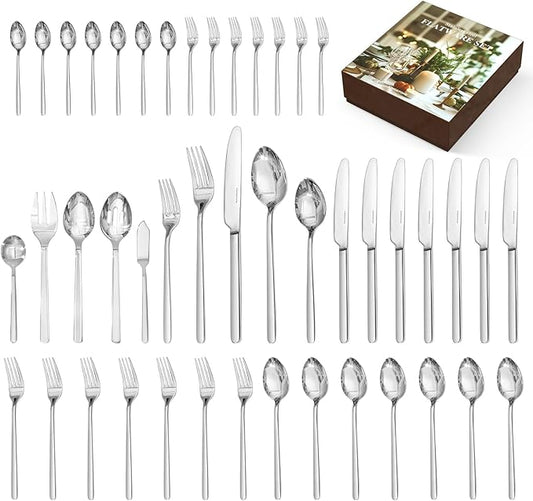 KINGSTONE 45-Piece Silverware Set with Serving utensils, Flatware Set for 8, 18/10 Stainless Steel Tableware Cutlery Set for Home Restaurant, Mirror Finish,Modern Design by KINGSTONE