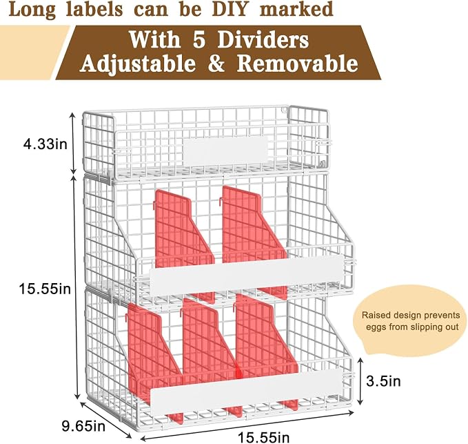 Egg Holder Countertop with 5 Dividers & DIY Nameplate to Separate Eggs | 3 Tier Stackable Wire Storage Baskets for Gathering Fresh Eggs, Wall-Mounted XXL Egg Rack, White (Patent Pending) - Image 3