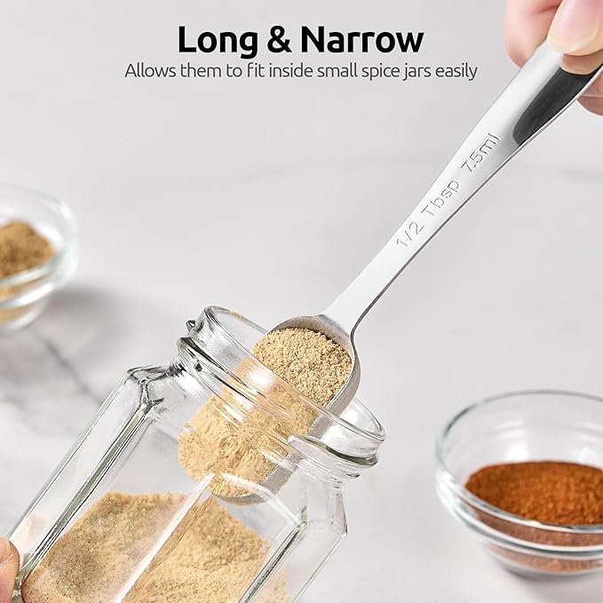 U-Taste Narrow Square Measuring Spoons: 18/8 Stainless Steel Kitchen Measure Teaspoon Tablespoon with Leveler, Polygon Rectangular Metal Jar Scoop for Baking Cooking, Coffee, Spice, Powder (Set of 8)